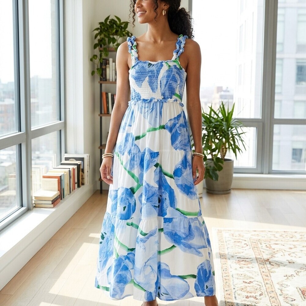 Jolie & Joy Blue Floral Smocked Maxi Dress XL Boho Tiered Rayon Summer Sun Dress